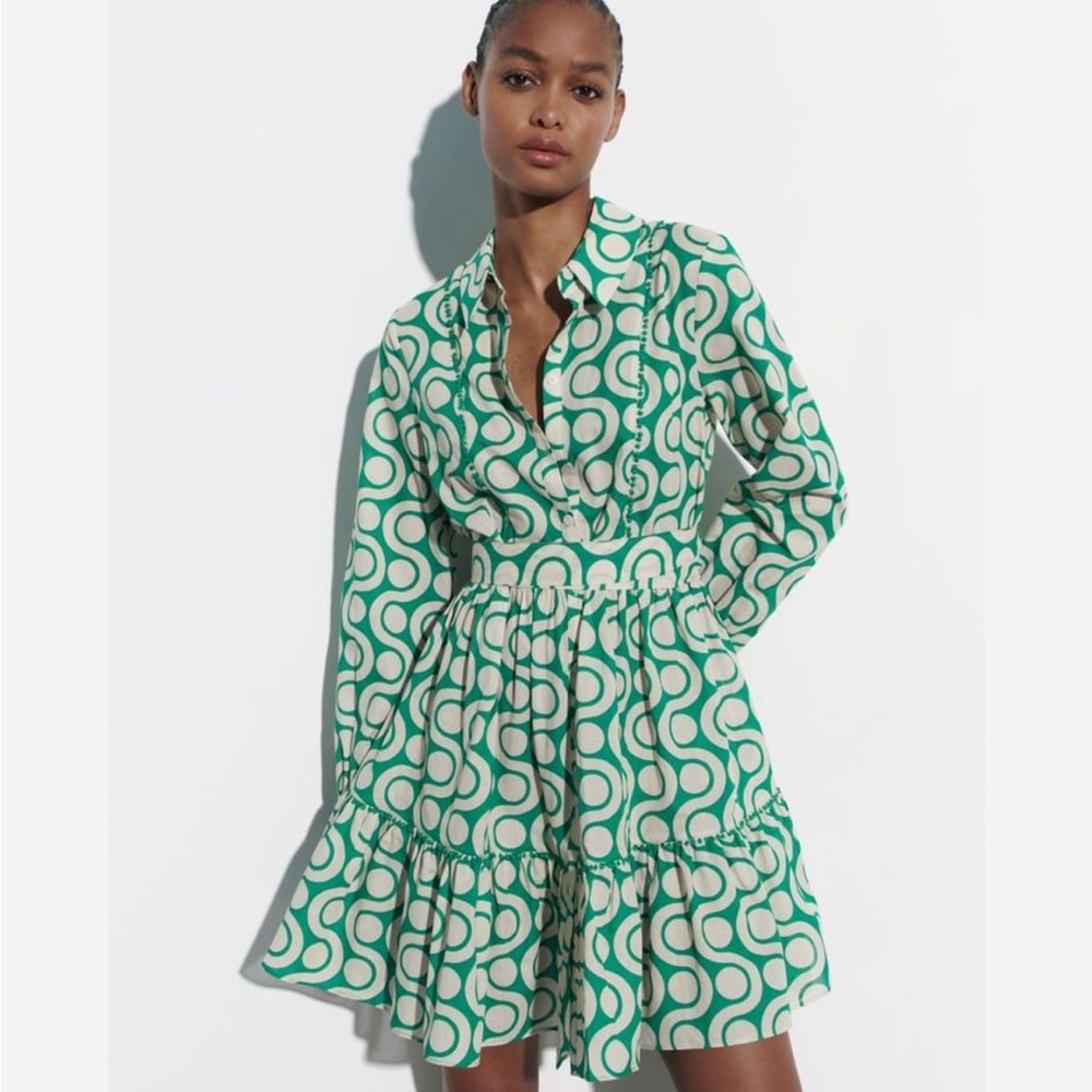 Zara Patterned Cotton Mini Dress - 60s - XS - Green